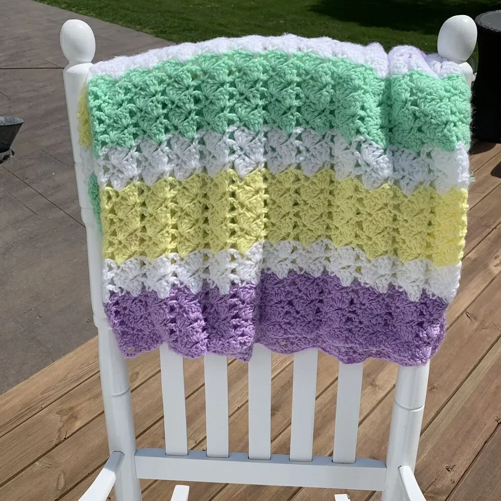 Afghan Blanket Knit Handmade Crochet Baby Throw Vintage 45” x 57” Pastel Colors